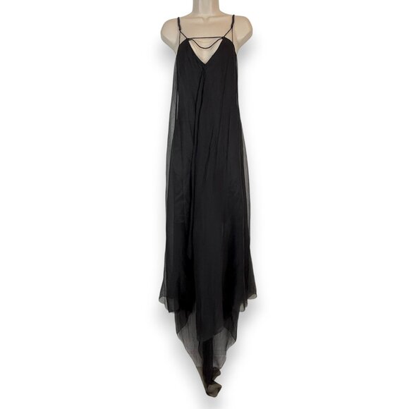 Leon Max Black Handkerchief Silk Maxi Dress Witchy Whimsigoth Train Medium - Picture 2 of 16